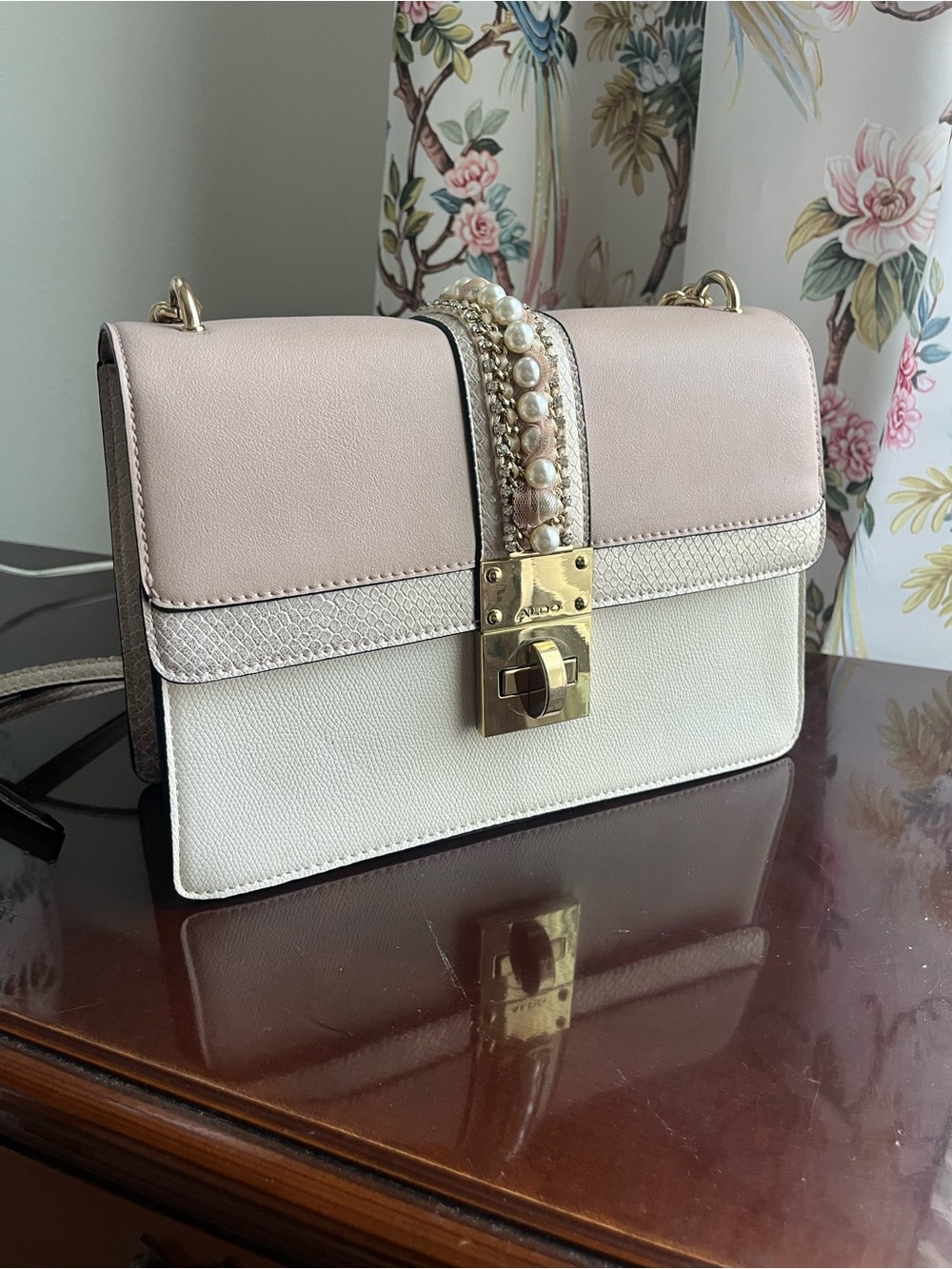 Aldo Elegant Two-Tone Pearl-Trim Crossbody Bag - Pink & White